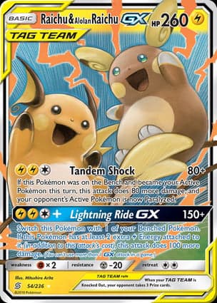 Carta Raichu e Raichu de Alola-GXRaichu & Alolan Raichu-GX