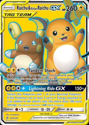 Carta Raichu e Raichu de Alola-GXRaichu & Alolan Raichu-GX
